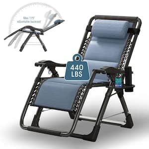 Folding Zero Gravity Metal Frame Recliner Outdoor Lounge Chair With Side Tray, Adjustable Headrest, Ice Blue