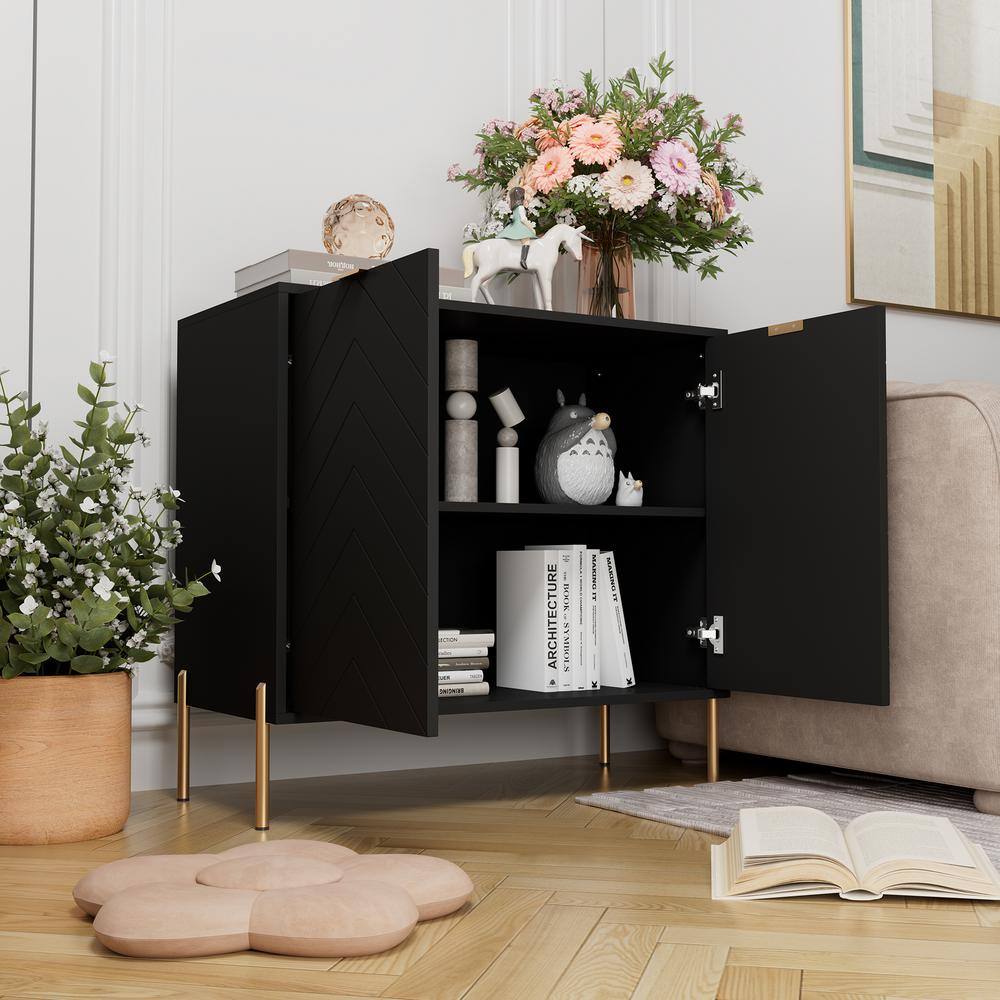 Black Chevron Pattern 2-Door Media Accent Cabinet with Gold Legs