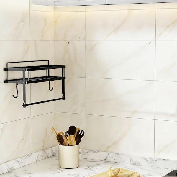 Adhesive Wall Mount Matte Black 2-in-1 Paper Towel Holder with Shelf Storage for Kitchen and Bathroom Organization