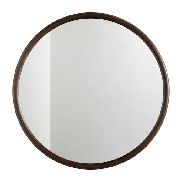 36 in. W x 36 in. H Modern Round Brown Pine Wooden Framed Wall Bathroom Vanity Mirror
