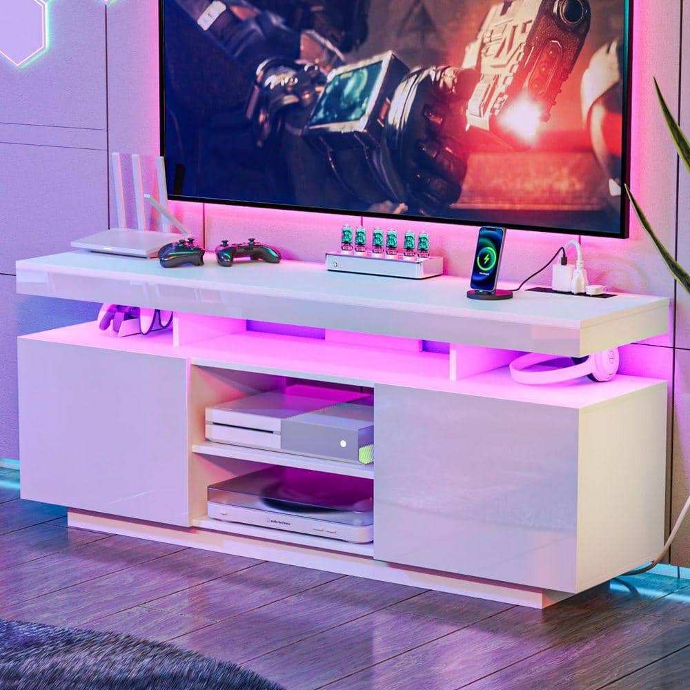 55.1 in. Modern White TV Stand Fits TVs up to 65 in. with Outlets and RGB LED Light Strip