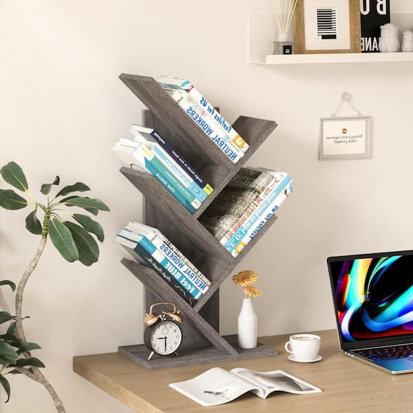 Light Grey 11.8 in. x 24 in. Wood Minimalist Desktop Tree Bookshelf