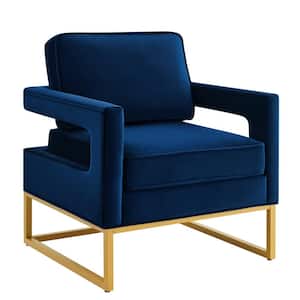 Navy Elegant Velvet Accent Arm Chair Modern Upholstered Single Sofa Chair Open Back Reading Chair with Gold Metal Legs