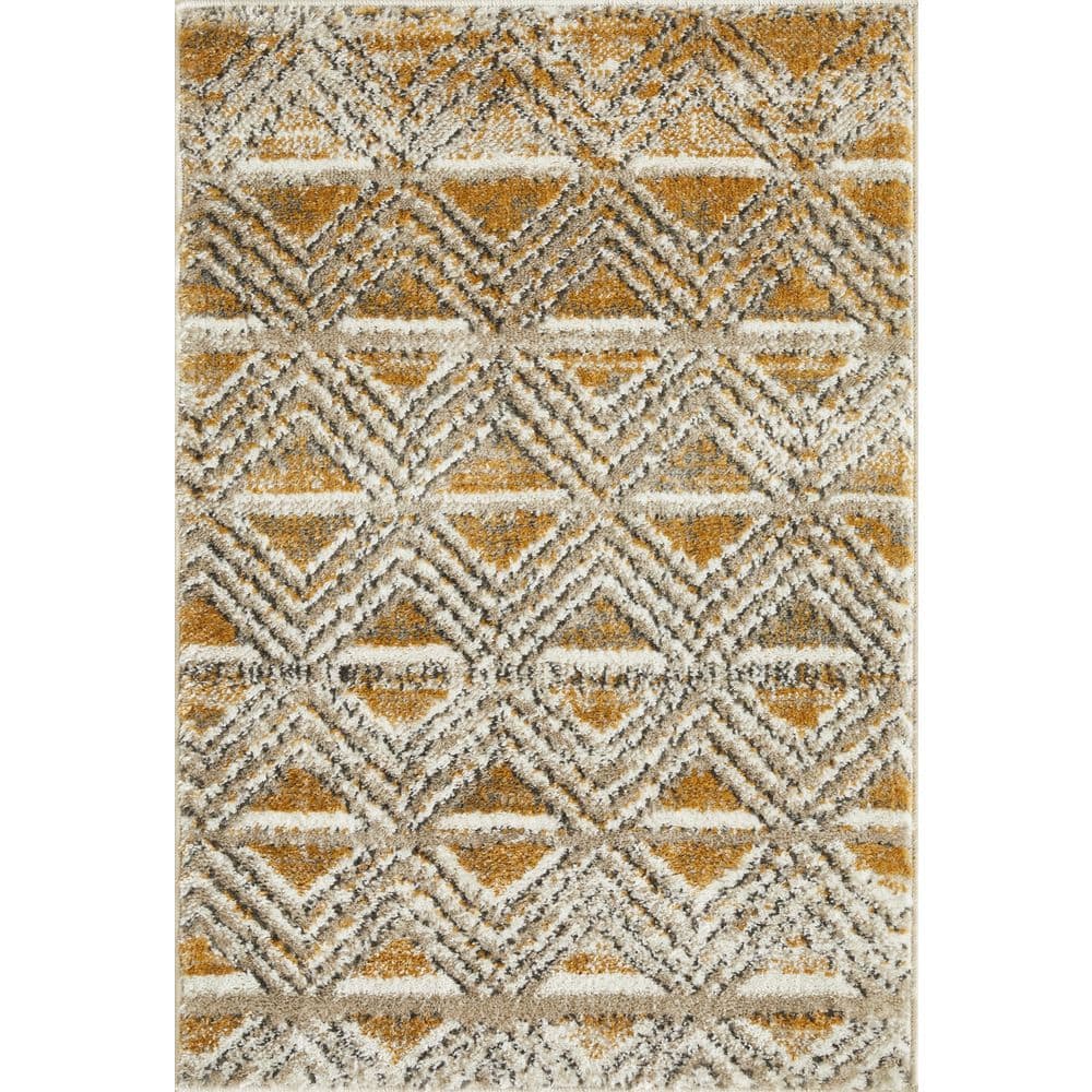 Beige and Yellow Geometric 2' x 3' Synthetic Area Rug