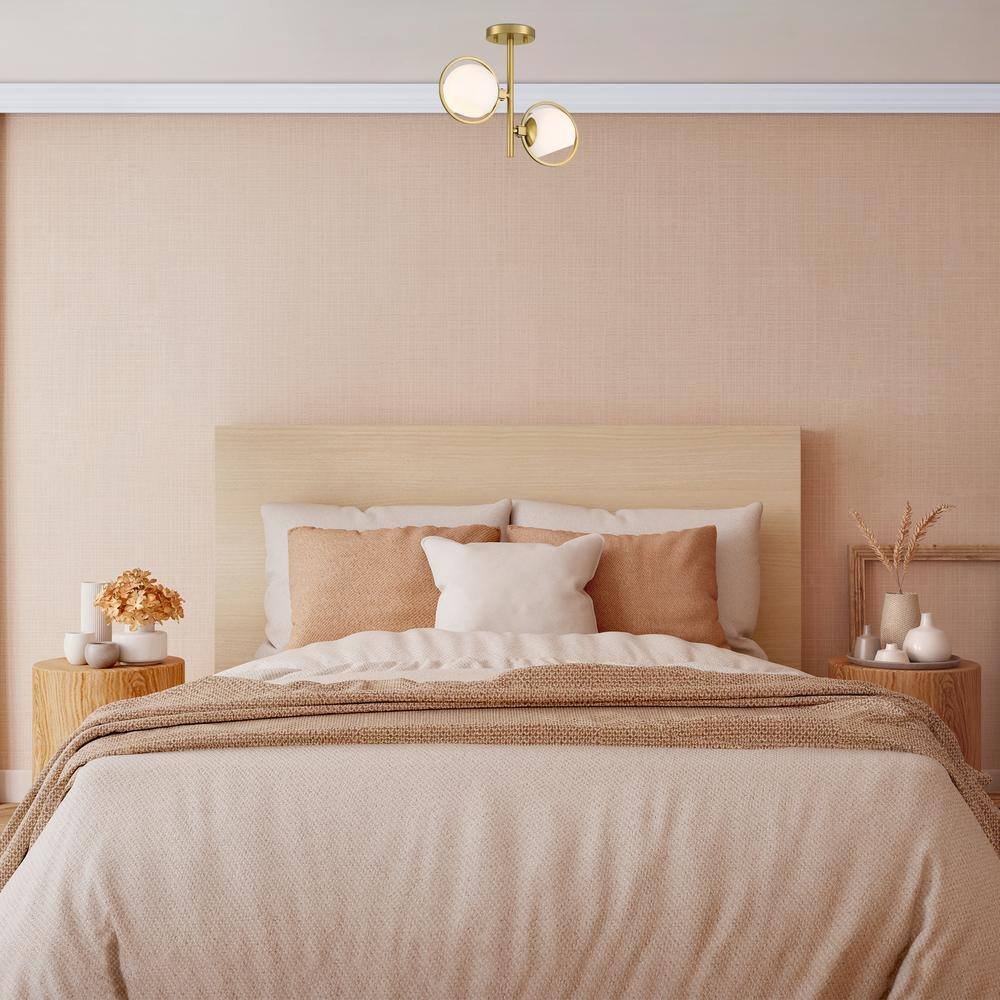 Teatro Etched Opal Glass Globe 2-Light Semi-Flush Mount in Brushed Gold