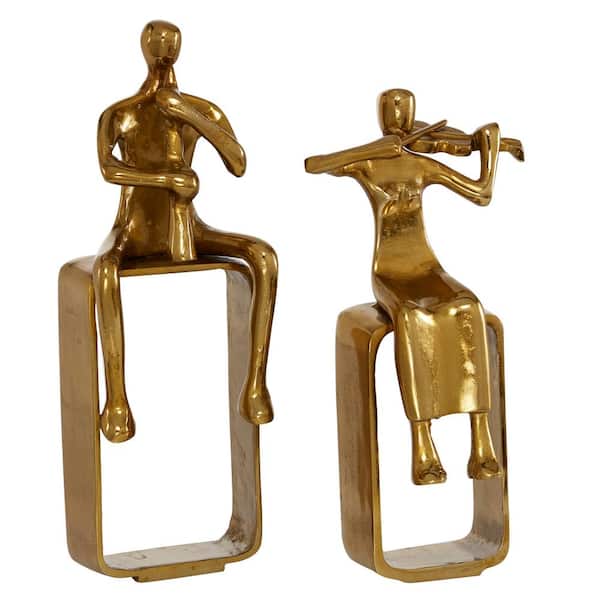 Litton Lane Eclectic Musician Aluminum Sculpture Decor Set in Polished Gold Finish, Set of 2: 12.5 in.H,14.5 in.H