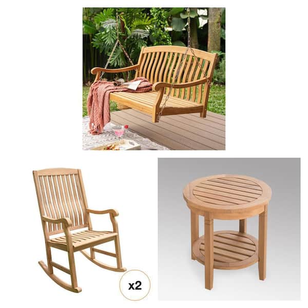 Cambridge Casual Colton Teak Wood Porch Swing, Rocking Chair and 18 in. Side Table Combo