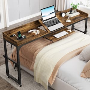Moronia 70.86 in. Rectangular Brown Wood Height Adjustable Overbed Table Computer Desk with Wheels, Outlets and Tiltable