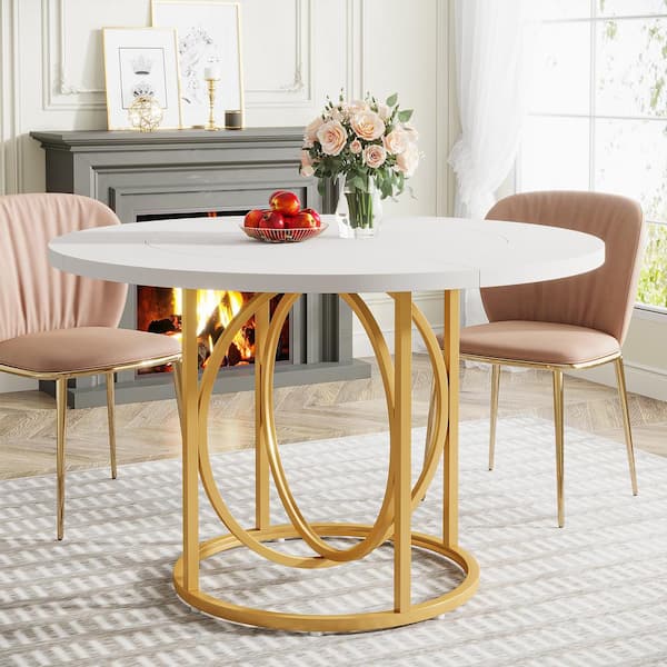 TRIBESIGNS WAY TO ORIGIN Modern White Gold Wood 47 in. Pedestal Dining Table Round Kitchen Table Seats 4 to 6