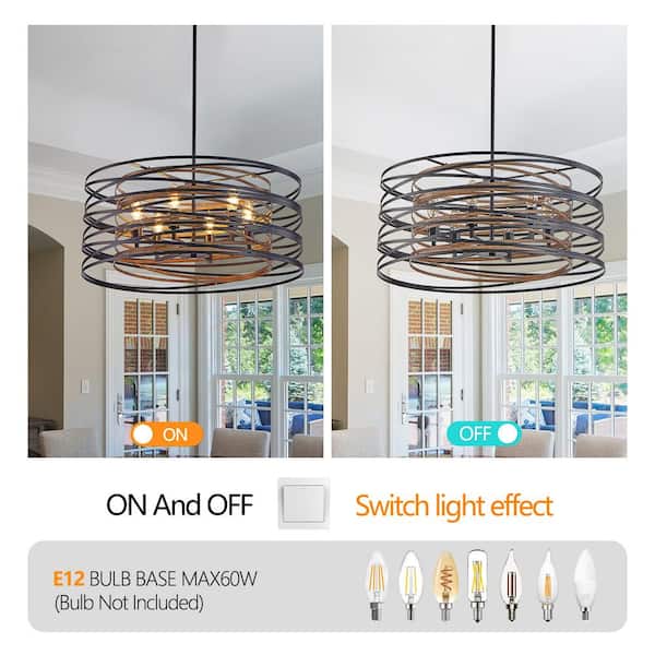 24 in. W 6-Light Pendant Light with Metal Cage for Kitchen Island Dining Room E12 No Bulbs Included (Walnut+Black)