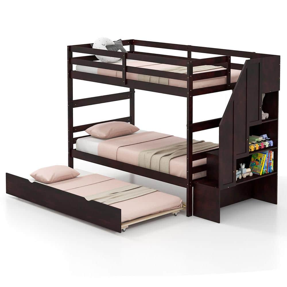 Gymax Espresso Twin over Twin Wooden Bunk Bed w/Trundle Storage Stairs ...