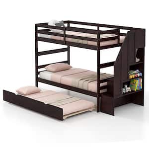 Espresso Twin over Twin Wooden Bunk Bed w/Trundle Storage Stairs Convertible