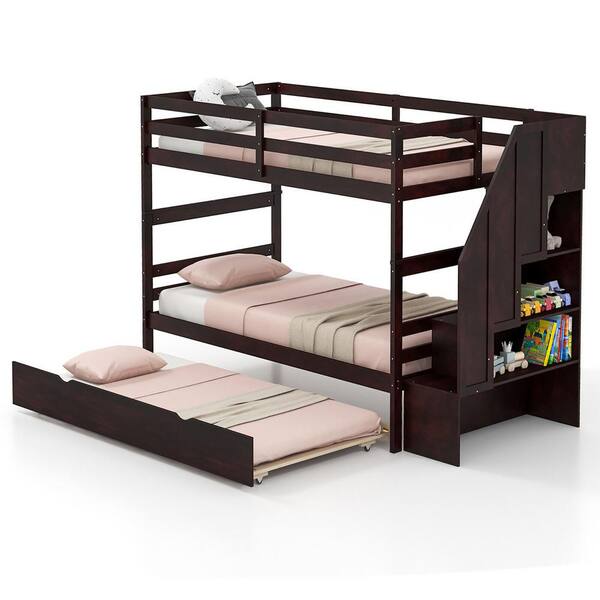 Gymax Espresso Twin over Twin Wooden Bunk Bed w/Trundle Storage Stairs Convertible