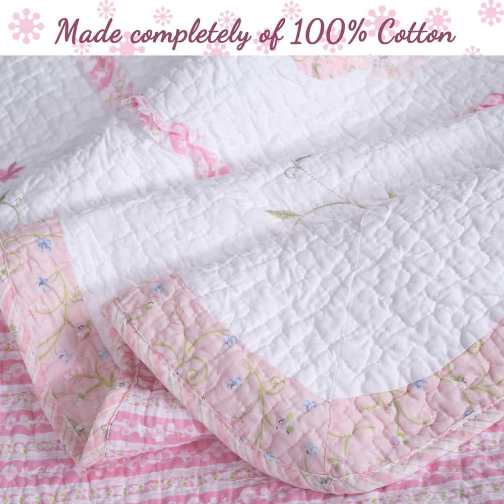 Pink and White Floral Cotton Queen Reversible Quilt Set
