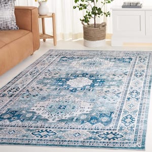 Arizona Sage/Aqua 6 ft. x 9 ft. Distressed Border Ornate Machine Washable Area Rug