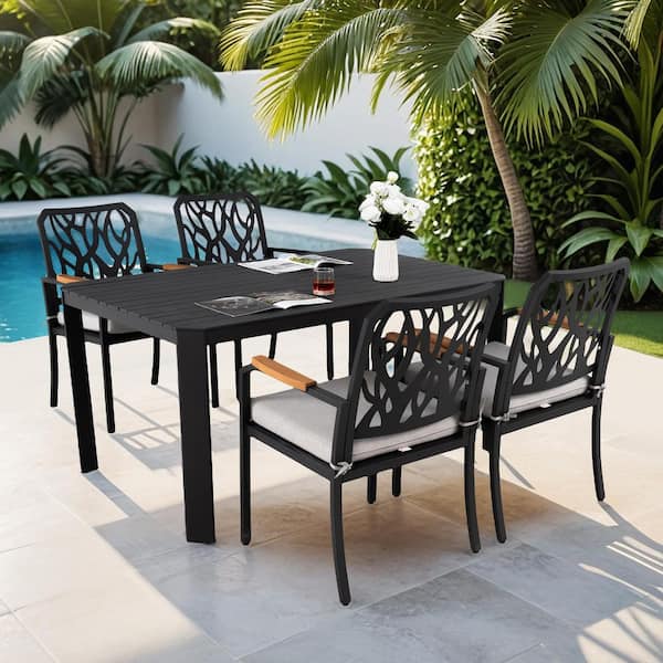 Brown 5-Piece Aluminum Rectangular Table Outdoor Dining Set with Sunbrella White Cushions, and Umbrella Hole