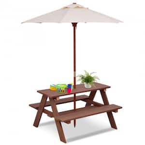 Outdoor 4-Seat Kid's Wood Picnic Table Bench with Umbrella Outdoor Camping Table Bench Set for Garden Backyard Patio