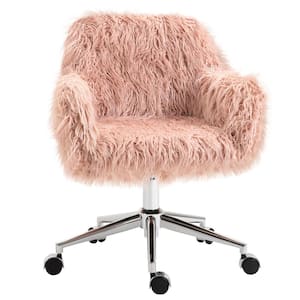 Pink Faux Fur Desk Chair Swivel Vanity Chair with Adjustable Height and Wheels