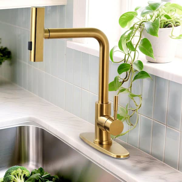 13.5 in. H Single Handle 360° Swivel Spout Pull Down Sprayer Kitchen Faucet with 3-Mode Spray Included in Brushed Gold