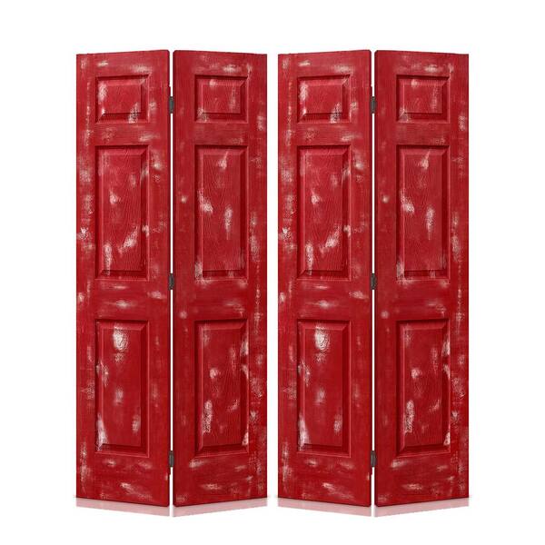 CALHOME 60 in. x 84 in. Hollow Core Vintage Red Stain 6 Panel MDF Composite Bi-Fold Double Closet Door with Hardware Kit