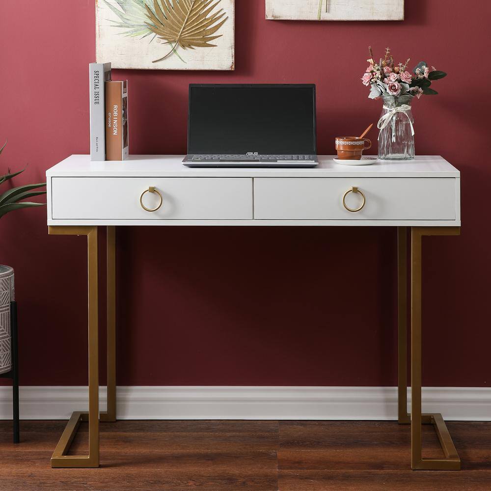 White Wood and Gold Metal Two Drawer Writing Desk