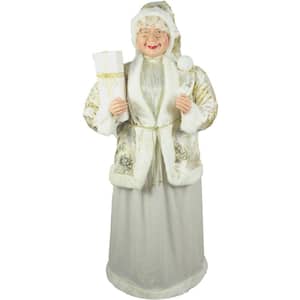 5 ft. Christmas Standing Mrs. Claus Holding a Gift and Wearing a Gold Brocade Jacket with Fur Trim