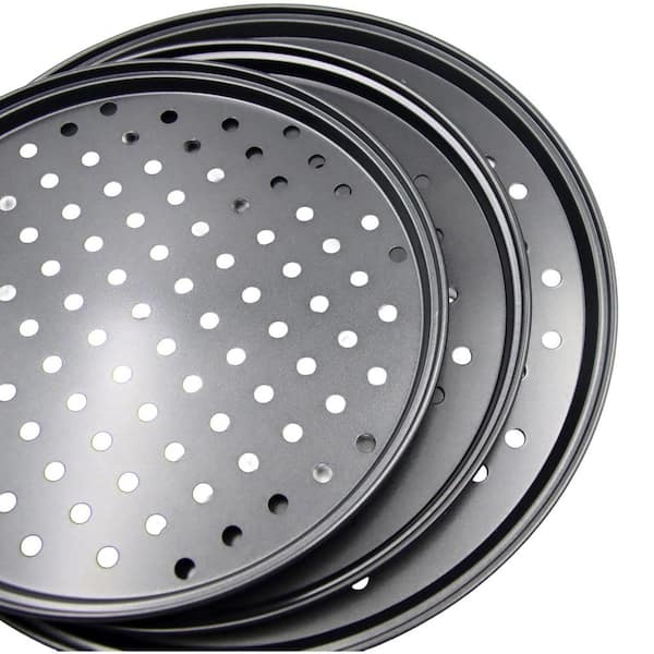 3-Piece Black Carbon Steel Nonstick Pizza Pan Set with Holes Oven Safe Dishwasher Safe Cookware Set with Crisper