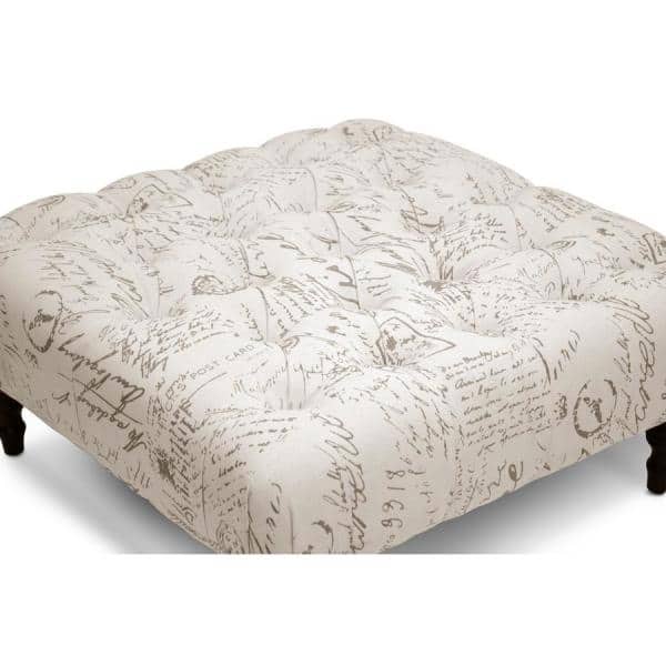 Keswick 35" Tufted Beige Script Print Ottoman with Wood Legs