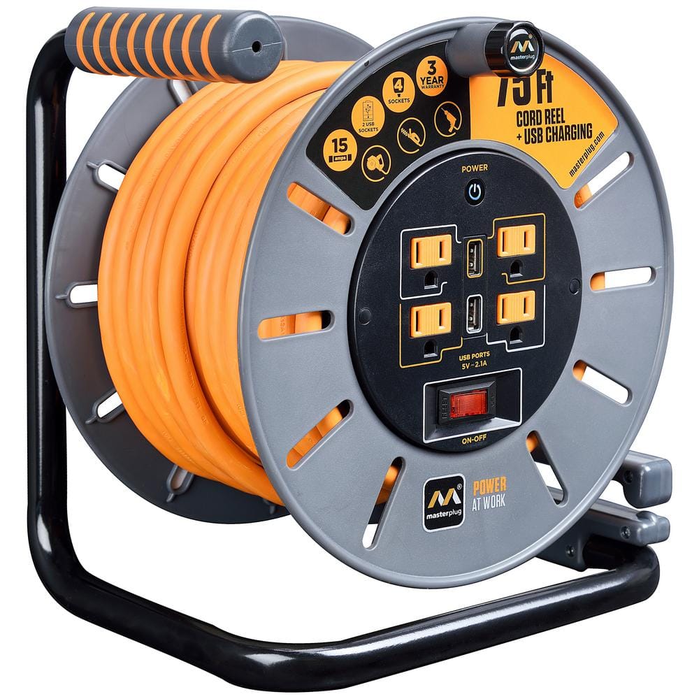 Link2Home Contractor Grade Retractable Extension Cord Reel 50 Ft. With 4  Outlets & 12AWG Heavy Duty/High Visibility 3-Prong SJTW Cord
