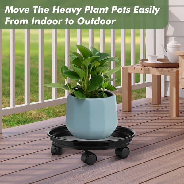SenQWFa 11.8 in. Round Black Plastic Rolling Plant Caddy with Locking Wheels (6-Pack)