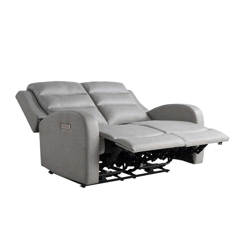 Gray Faux Leather Channel Tufted Reclining Loveseat with Acacia Wood