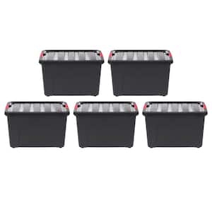38 Qt. Stack and Pull Nesting Storage Tote, with Red Latching Clips, in Black, (5 Pack)