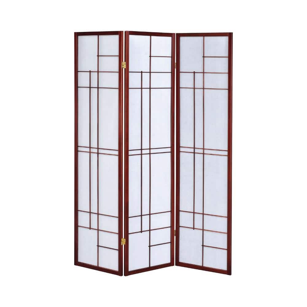 Red Brown 3-Panel Wooden Folding Screen with Intricate Design