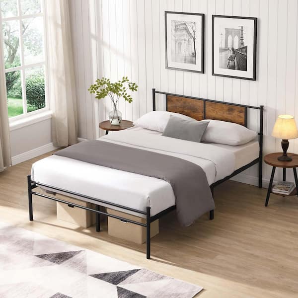 Black Metal Frame King Size Platform Bed with Wood Headboard Panel Decoration