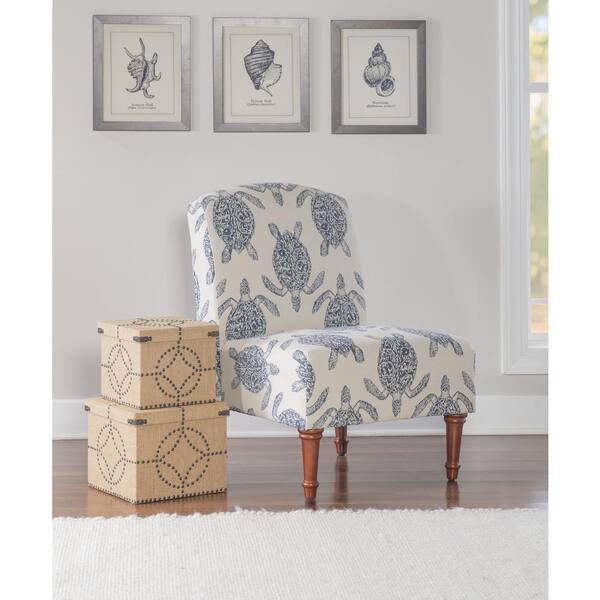 Powell Company Koch White Accent Chair with Navy Sea Turtle Print and Walnut Legs