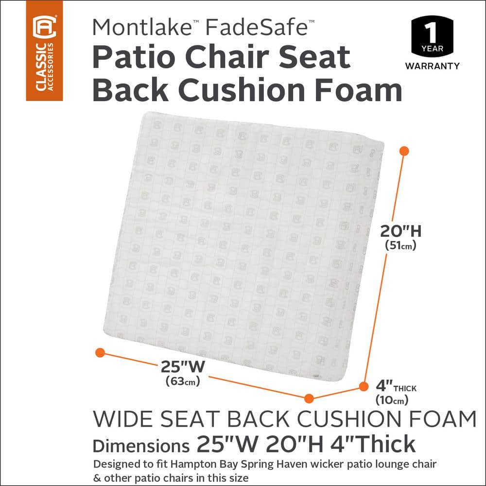 White High-Density Foam Patio Lounge Back Cushion, 25 x 20 x 4 Inch