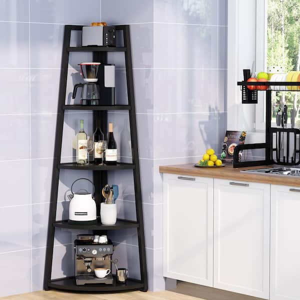 Jannelly 70 in. Tall Black Wood 5-Shelf Corner Ladder Bookcase with Open Shelves, Storage for Home Office