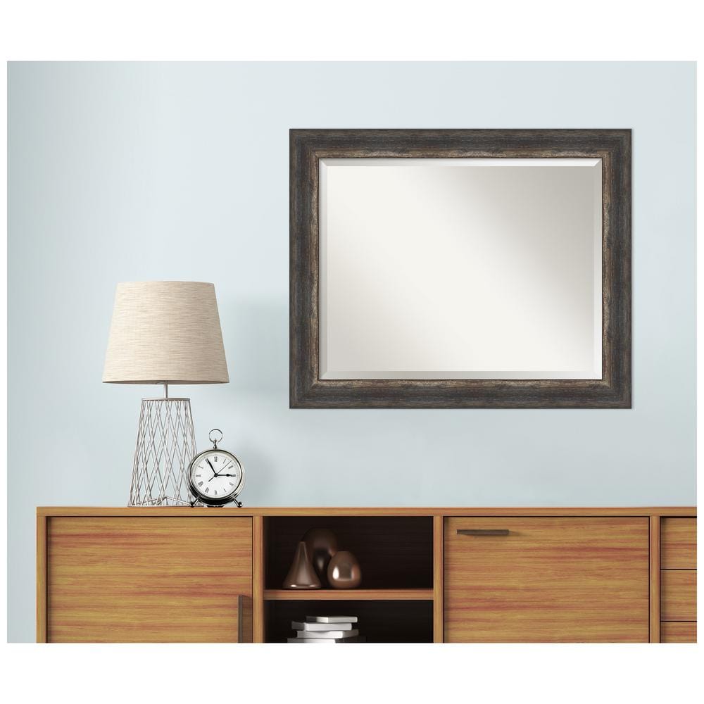 Rustic Char Bronze and Silver Wood Rectangular Wall Mirror 33x27 in