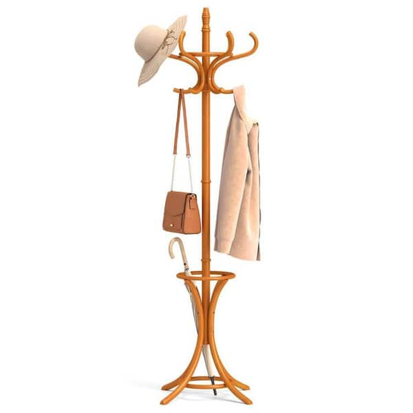 Natural Freestanding Solid Wood Coat Rack Coatstands with 12-Hooks and Umbrella Holder for Entryway Bedroom Storage