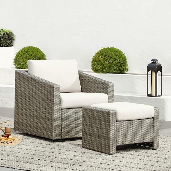 Spruce & Spring Cyril Grey Fabric 360° Swivel Wicker Accent Chair with Beige Cusions with Ottomans for Living Room or Backyard