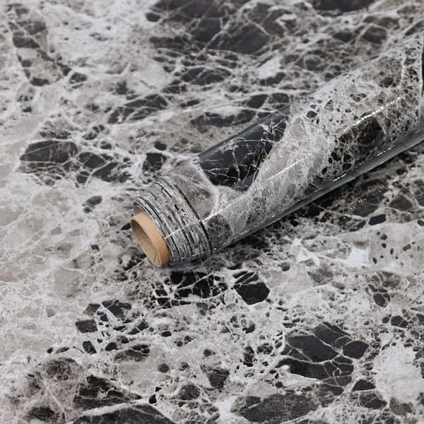 15.7 in. x 32.8 ft. Temperature Resistant Stick Kitchen Wallpaper Roll, Contact Paper, White and Gray