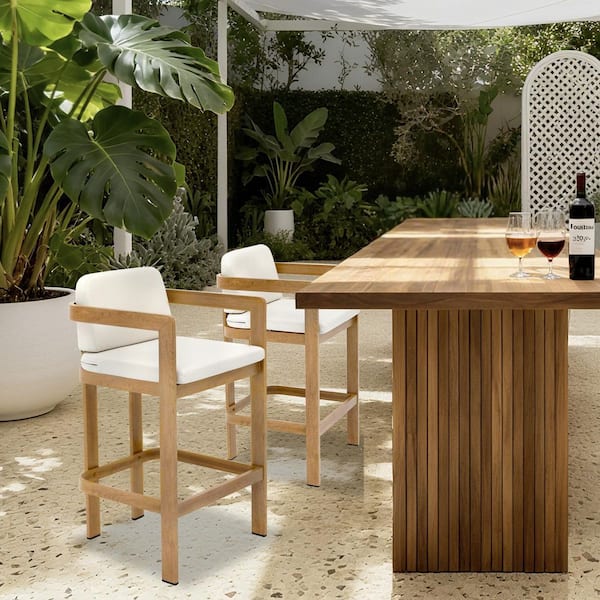 37.8 in. H Modern Upholstered Solid Wood Outdoor Bar Stools with Footrest, Natural plus Beige Cushion, (Set of 2)