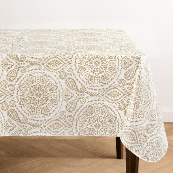 Savannah Boho Paisley Printed Vinyl Indoor/Outdoor Tablecloth, Taupe - 60"W x 84"L