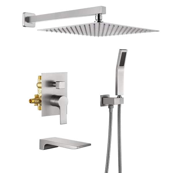 PERLIRIA INC Single Handle 1-Spray Tub and Shower Faucet with 12 in. Shower Head 2 GPM in Brushed Nickel Shower System Valve Included
