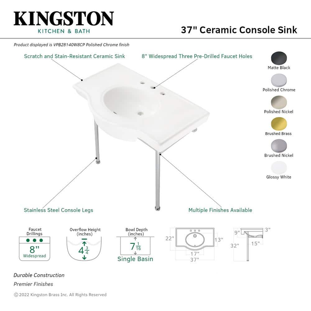 Manchester 37-Inch White Ceramic Console Sink with Stainless Steel Legs