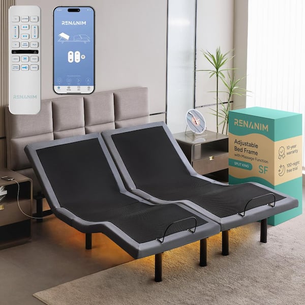 Renanim Gray Split - King Adjustable Bed Frame, Massage, Wireless Remote/APP, USB Ports, Under-Bed Light, Head/Foot Incline