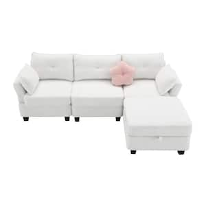 92 in. Modern L-Shaped Teddy Velvet Sectional Sofa in. Beige with Storage Ottoman, Charging Ports