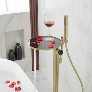 1-Handle Freestanding Floor Mount Roman Tub Faucet Bathtub Filler With Hand Shower and Storage Tray In Brushed Gold