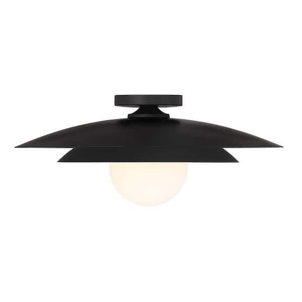 Savoy House Sherrer 20 in. 1-Light Matte Black Mid-Century Modern Semi-Flush Mount Ceiling Light with White Opal Glass Globe