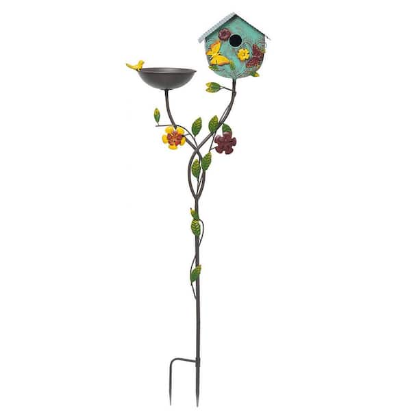 7.5 in. Dia Bird Baths for Outdoors, Metal Bird Bath Bowl with Birdhouses- Multi-Colored